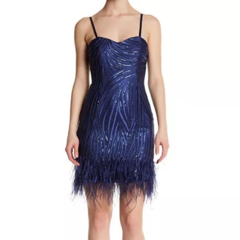 Lotus Threads Navy Sequined Feathered Sweetheart Dress